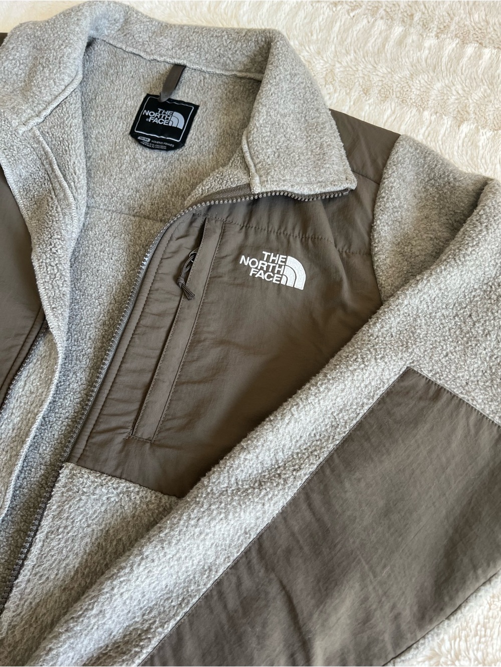 The North Face Women’s Two-Tone Sherpa Fleece Jacket in Gray & Olive
